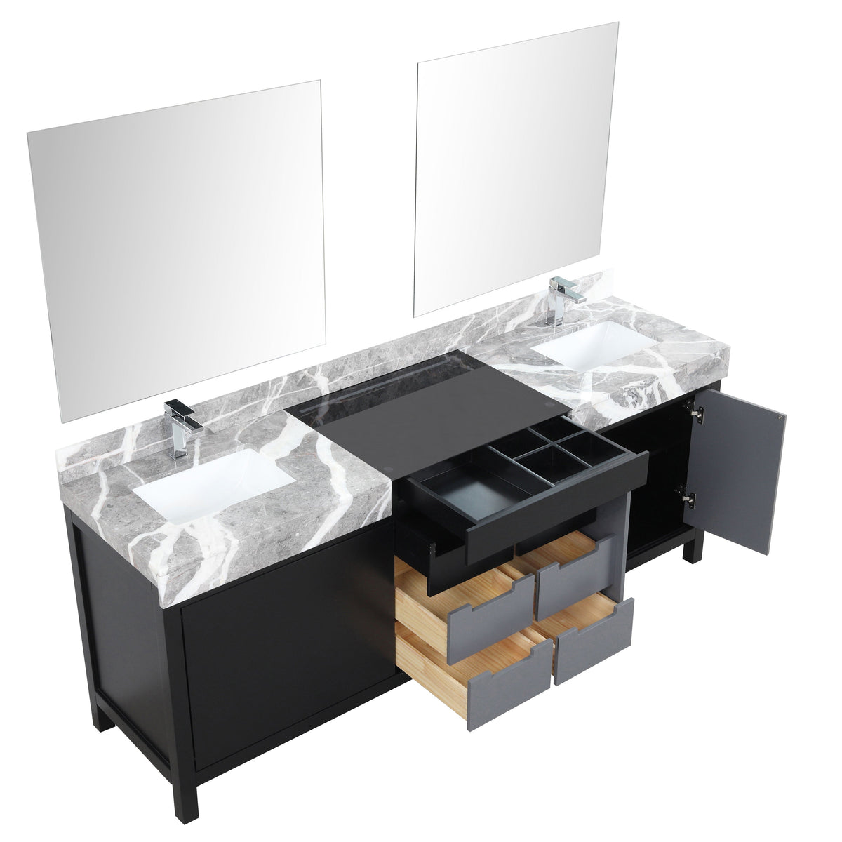 Lexora Zilara 84" Black and Grey Double Vanity, Castle Grey Marble Tops, White Square Sinks, Monte Chrome Faucet Set, and 34" Frameless Mirrors - LZ342284DLISM34FBG - MyBBQDirect