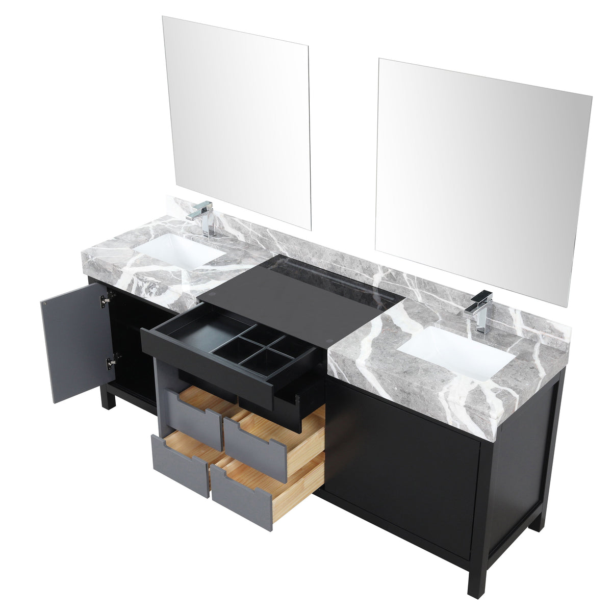 Lexora Zilara 84" Black and Grey Double Vanity, Castle Grey Marble Tops, White Square Sinks, Monte Chrome Faucet Set, and 34" Frameless Mirrors - LZ342284DLISM34FBG - MyBBQDirect