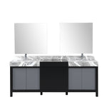 Lexora Zilara 84" Black and Grey Double Vanity, Castle Grey Marble Tops, White Square Sinks, Monte Chrome Faucet Set, and 34" Frameless Mirrors - LZ342284DLISM34FBG - MyBBQDirect