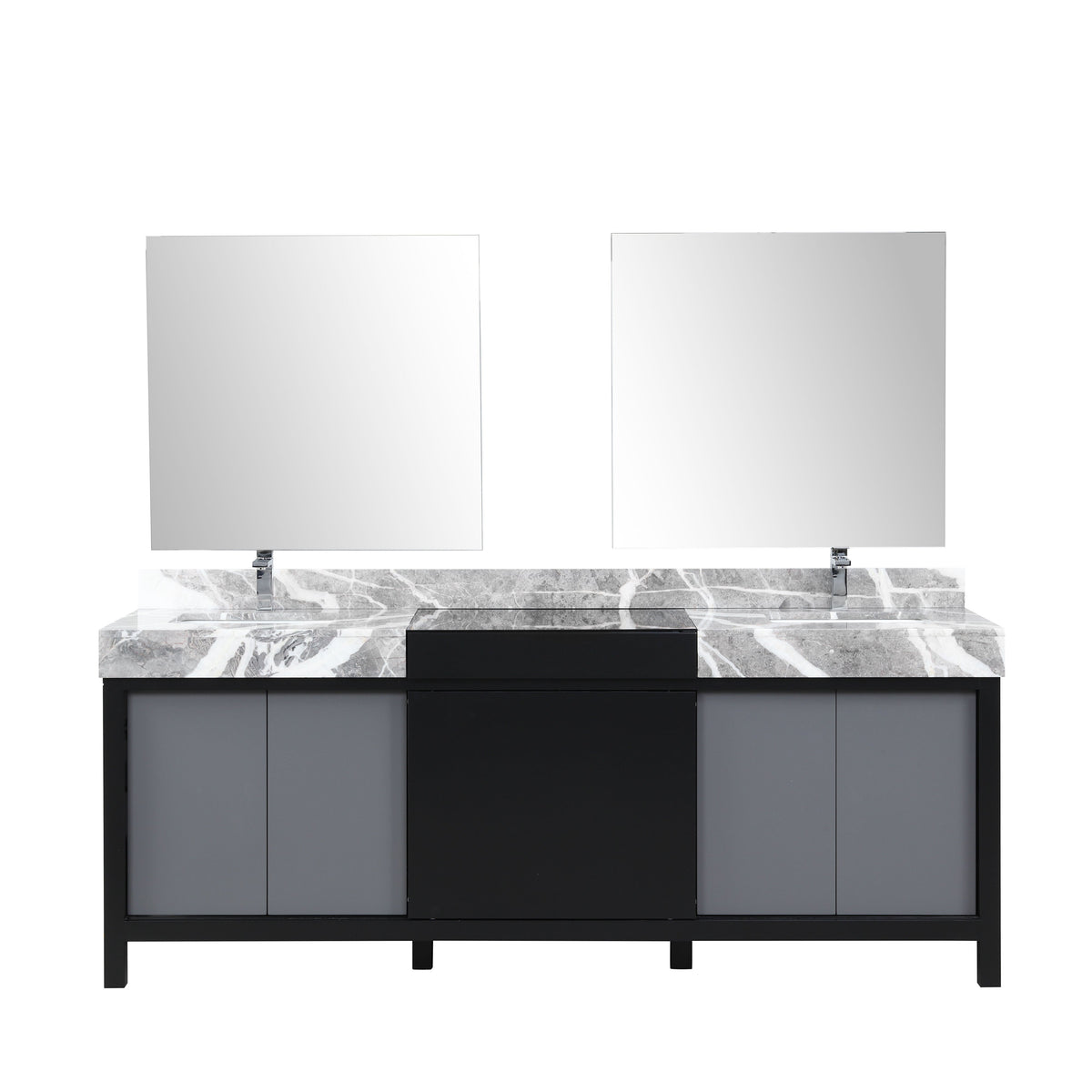 Lexora Zilara 84" Black and Grey Double Vanity, Castle Grey Marble Tops, White Square Sinks, Monte Chrome Faucet Set, and 34" Frameless Mirrors - LZ342284DLISM34FBG - MyBBQDirect