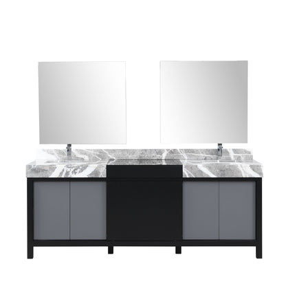 Lexora Zilara 84" Black and Grey Double Vanity, Castle Grey Marble Tops, White Square Sinks, Monte Chrome Faucet Set, and 34" Frameless Mirrors - LZ342284DLISM34FBG - MyBBQDirect