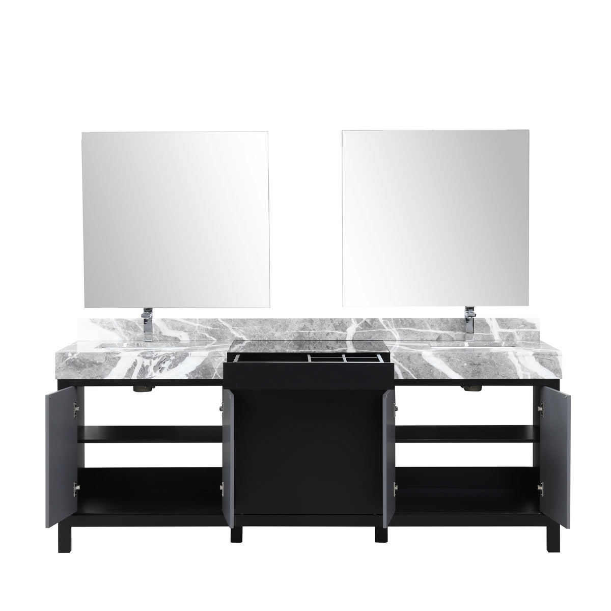 Lexora Zilara 84" Black and Grey Double Vanity, Castle Grey Marble Tops, White Square Sinks, Monte Chrome Faucet Set, and 34" Frameless Mirrors - LZ342284DLISM34FBG - MyBBQDirect
