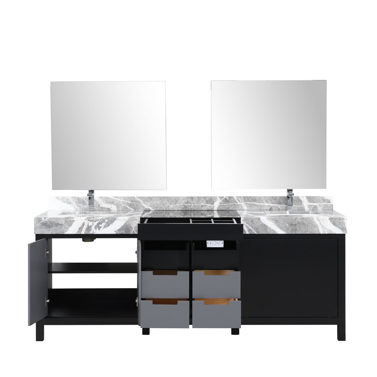Lexora Zilara 84" Black and Grey Double Vanity, Castle Grey Marble Tops, White Square Sinks, Monte Chrome Faucet Set, and 34" Frameless Mirrors - LZ342284DLISM34FBG - MyBBQDirect