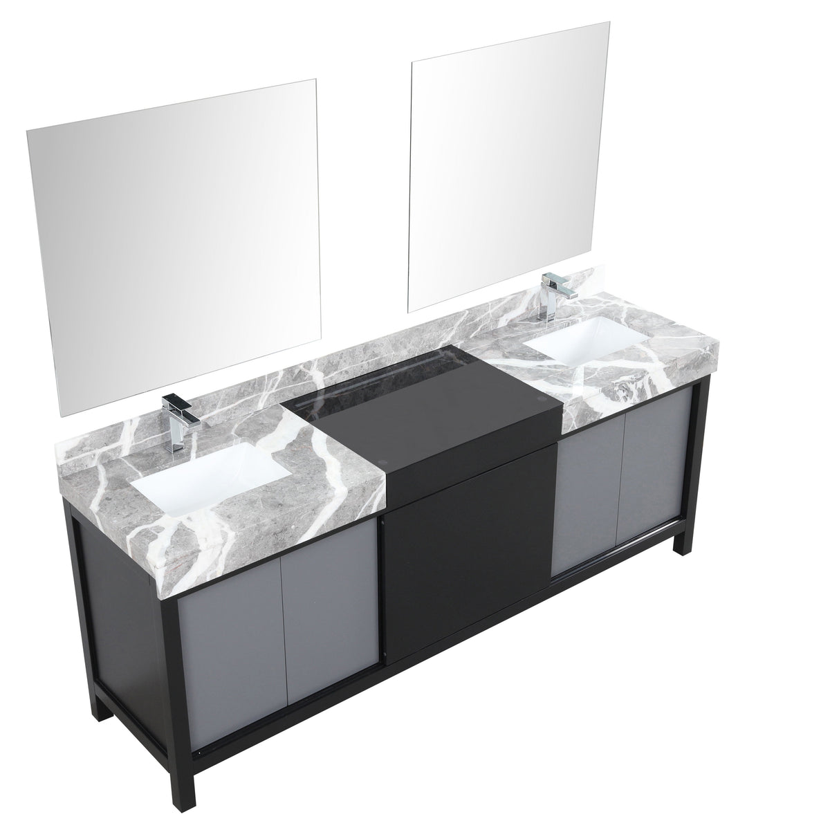 Lexora Zilara 84" Black and Grey Double Vanity, Castle Grey Marble Tops, White Square Sinks, Monte Chrome Faucet Set, and 34" Frameless Mirrors - LZ342284DLISM34FBG - MyBBQDirect