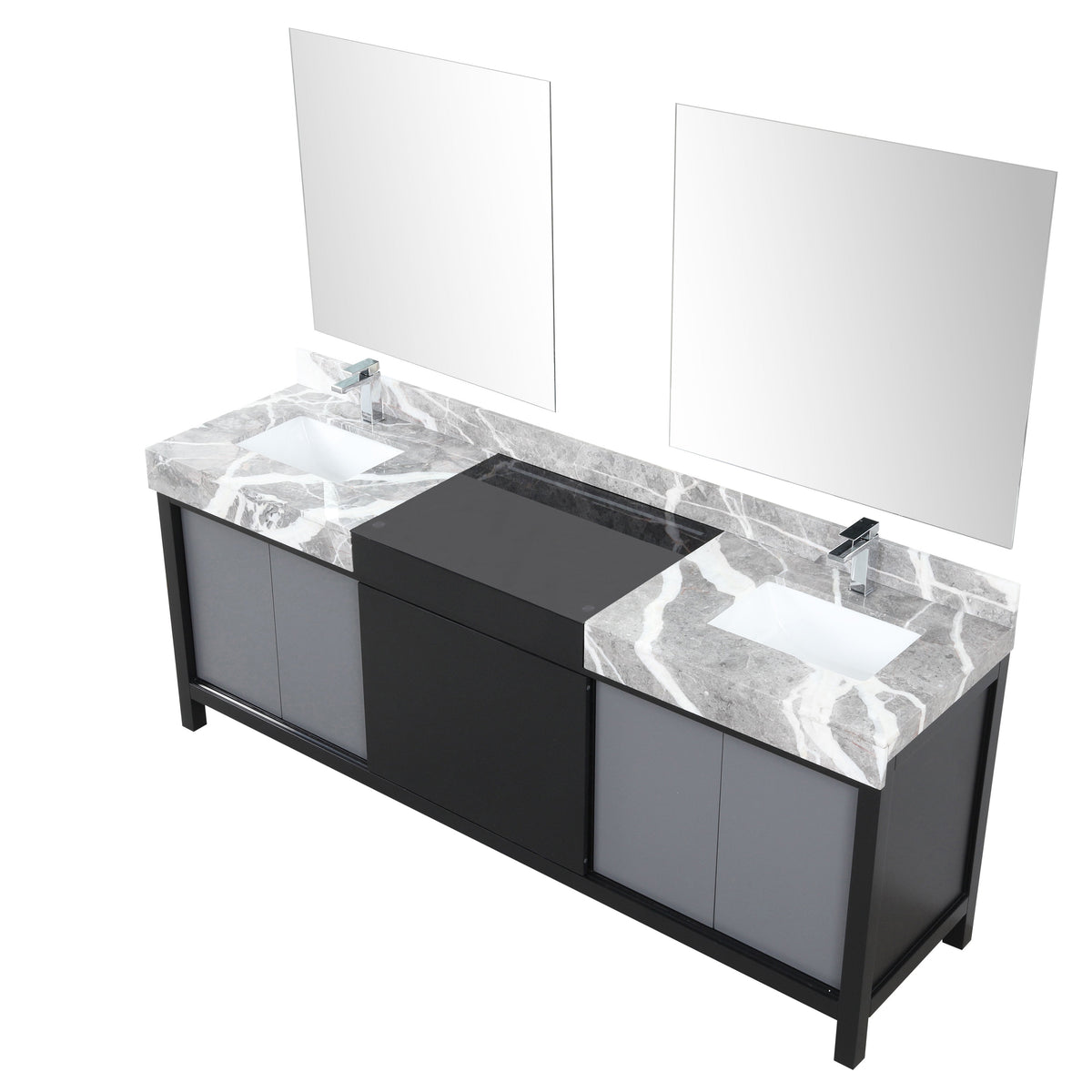 Lexora Zilara 84" Black and Grey Double Vanity, Castle Grey Marble Tops, White Square Sinks, Monte Chrome Faucet Set, and 34" Frameless Mirrors - LZ342284DLISM34FBG - MyBBQDirect