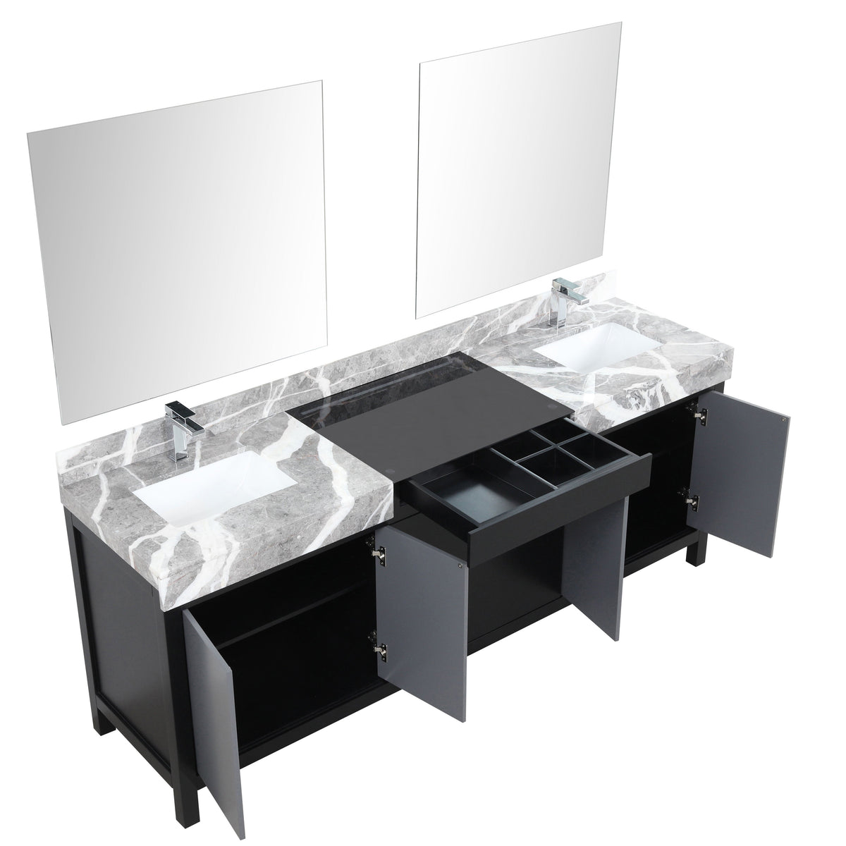 Lexora Zilara 84" Black and Grey Double Vanity, Castle Grey Marble Tops, White Square Sinks, Monte Chrome Faucet Set, and 34" Frameless Mirrors - LZ342284DLISM34FBG - MyBBQDirect