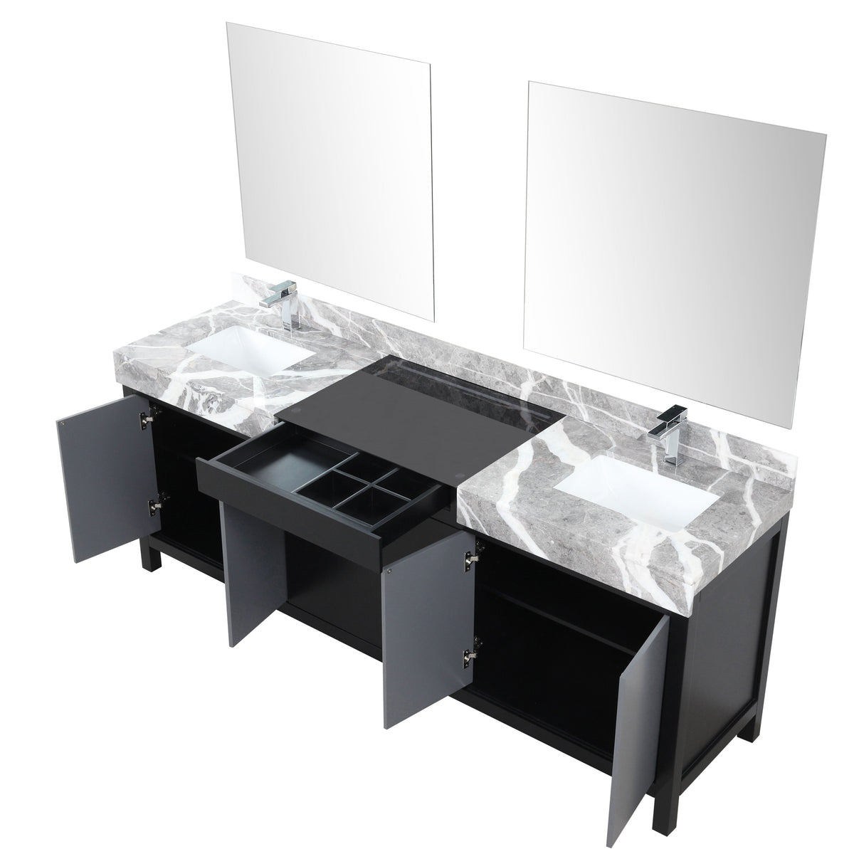 Lexora Zilara 84" Black and Grey Double Vanity, Castle Grey Marble Tops, White Square Sinks, Monte Chrome Faucet Set, and 34" Frameless Mirrors - LZ342284DLISM34FBG - MyBBQDirect