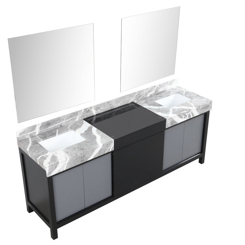 Lexora Zilara 84" Black and Grey Double Vanity, Castle Grey Marble Tops, White Square Sinks, and 34" Frameless Mirrors - LZ342284DLISM34