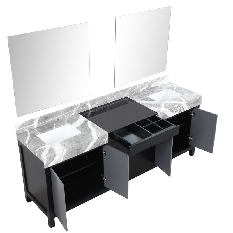 Lexora Zilara 84" Black and Grey Double Vanity, Castle Grey Marble Tops, White Square Sinks, and 34" Frameless Mirrors - LZ342284DLISM34