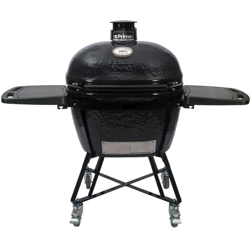 Primo All-In-One Oval Ceramic Kamado Grill With Cradle, Side Shelves, And Stainless Steel Grates - PGCXLC