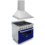 ZLINE 36 in. Kitchen Package with Stainless Steel Dual Fuel Range with Blue Matte Door and Convertible Vent Range Hood (2KP-RABMRH36) - MyBBQDirect