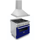 ZLINE 36 in. Kitchen Package with Stainless Steel Dual Fuel Range with Blue Matte Door and Convertible Vent Range Hood (2KP-RABMRH36) - MyBBQDirect