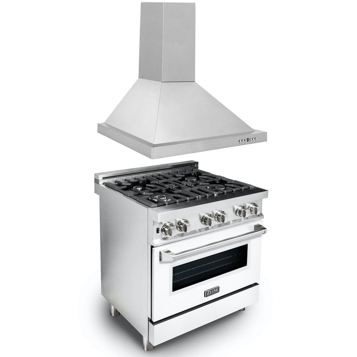ZLINE 30 in. Kitchen Package with Stainless Steel Dual Fuel Range with White Matte Door and Convertible Vent Range Hood (2KP-RAWMRH30) - MyBBQDirect