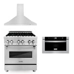 ZLINE 30 in. Kitchen Package with Stainless Steel Dual Fuel Range, Convertible Vent Range Hood and Microwave Drawer (3KP-RARH30-MW) - MyBBQDirect