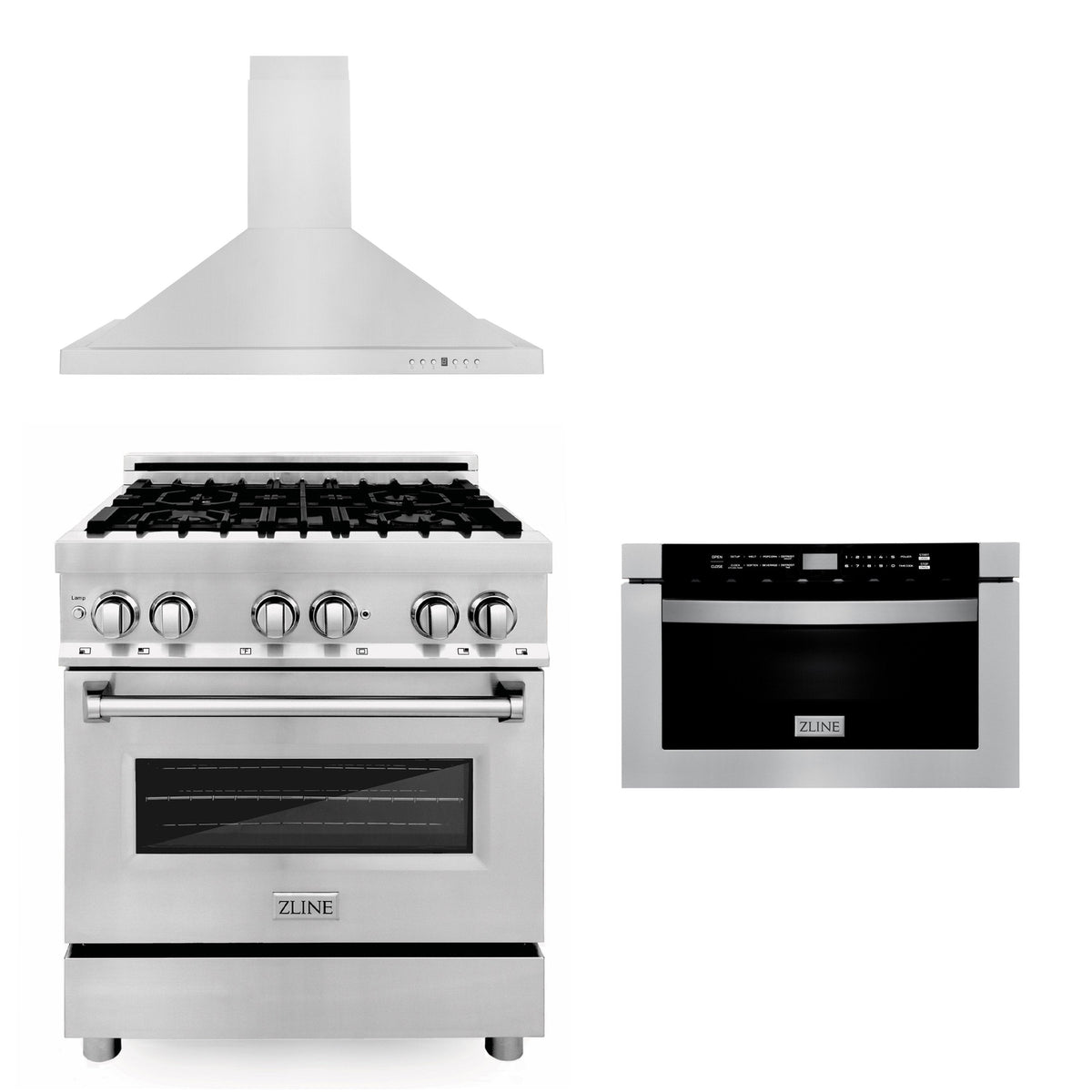 ZLINE 30 in. Kitchen Package with Stainless Steel Dual Fuel Range, Convertible Vent Range Hood and Microwave Drawer (3KP-RARH30-MW) - MyBBQDirect