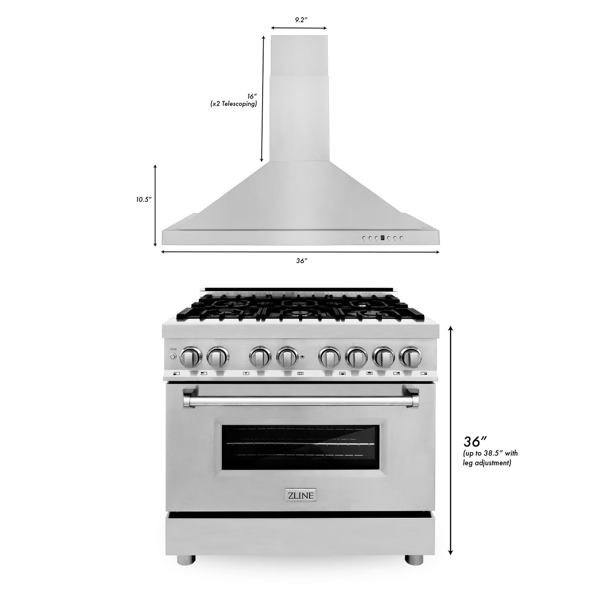 ZLINE 36 in. Kitchen Package with Stainless Steel Dual Fuel Range and Convertible Vent Range Hood (2KP-RARH36) - MyBBQDirect