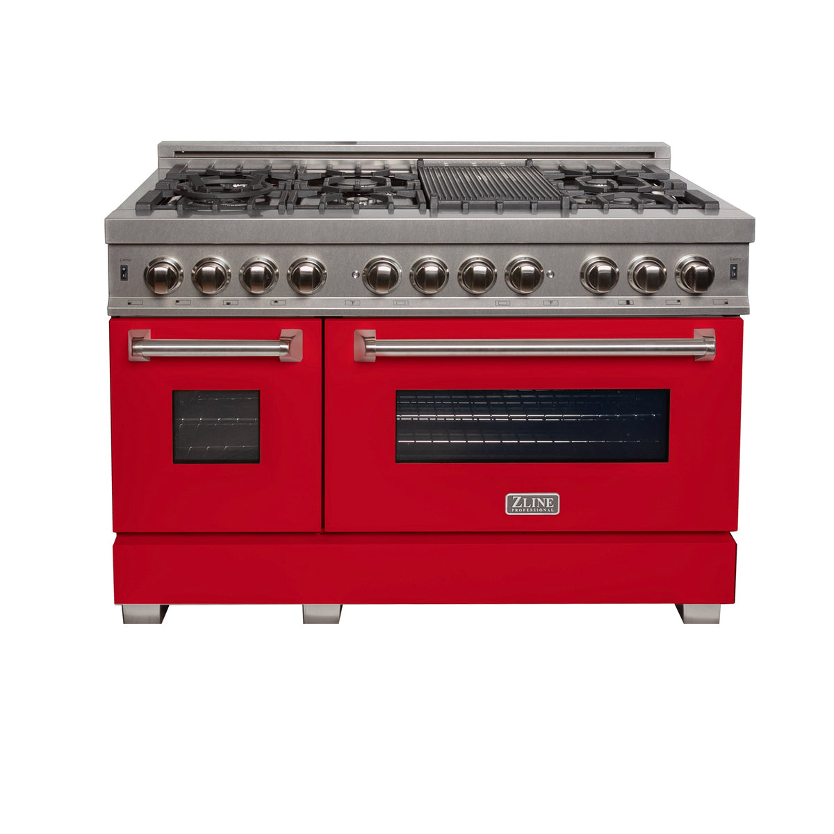 ZLINE 48 in. Kitchen Package with DuraSnow Stainless Steel Dual Fuel Range with Red Matte Door and Convertible Vent Range Hood (2KP-RASRMRH48) - MyBBQDirect