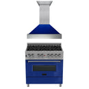 ZLINE 36 in. Kitchen Package with DuraSnow Stainless Steel Dual Fuel Range with Blue Gloss Door and Convertible Vent Range Hood (2KP-RASBGRH36) - MyBBQDirect