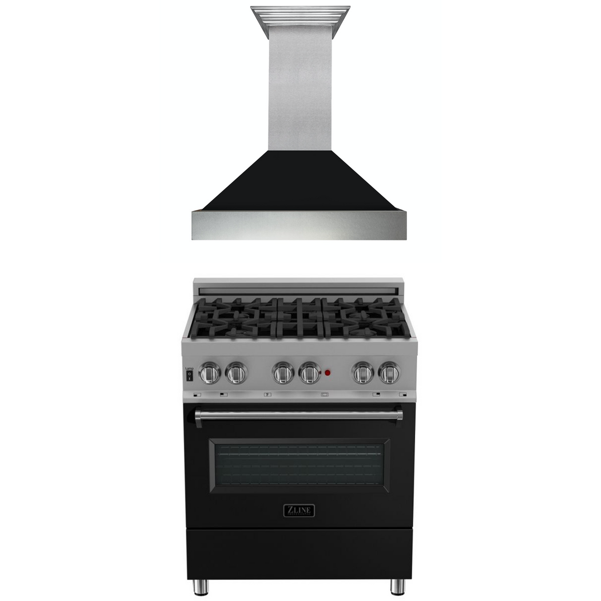 ZLINE 30 in. Kitchen Package with DuraSnow Stainless Steel Dual Fuel Range with Black Matte Door and Convertible Vent Range Hood (2KP-RASBLMRH30) - MyBBQDirect