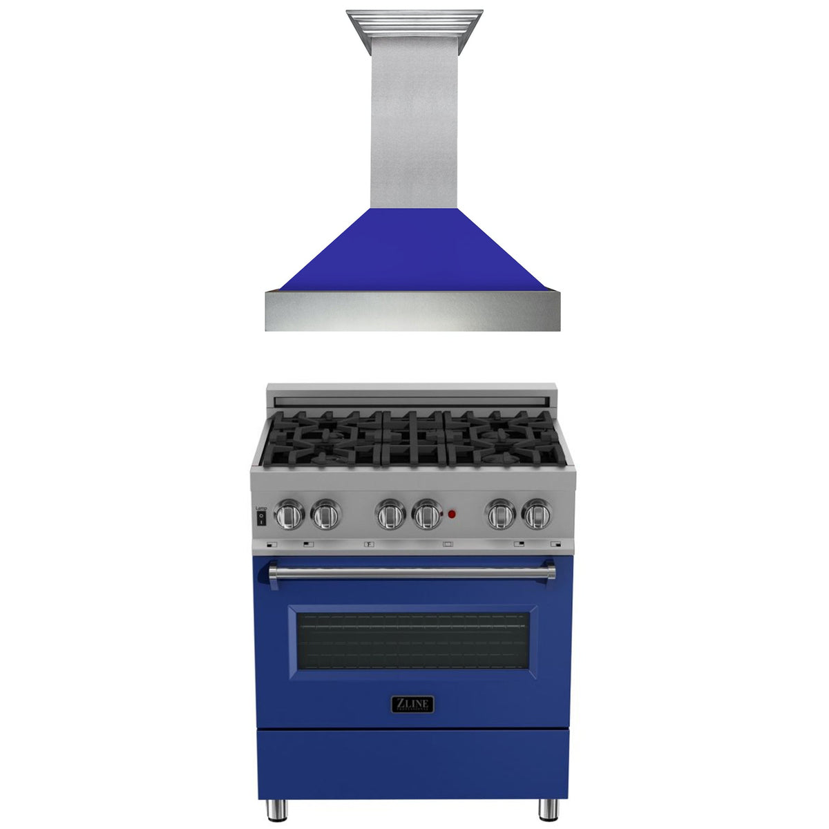 ZLINE 30 in. Kitchen Package with DuraSnow Stainless Steel Dual Fuel Range with Blue Matte Door and Convertible Vent Range Hood (2KP-RASBMRH30) - MyBBQDirect