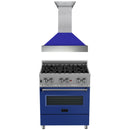 ZLINE 30 in. Kitchen Package with DuraSnow Stainless Steel Dual Fuel Range with Blue Matte Door and Convertible Vent Range Hood (2KP-RASBMRH30) - MyBBQDirect