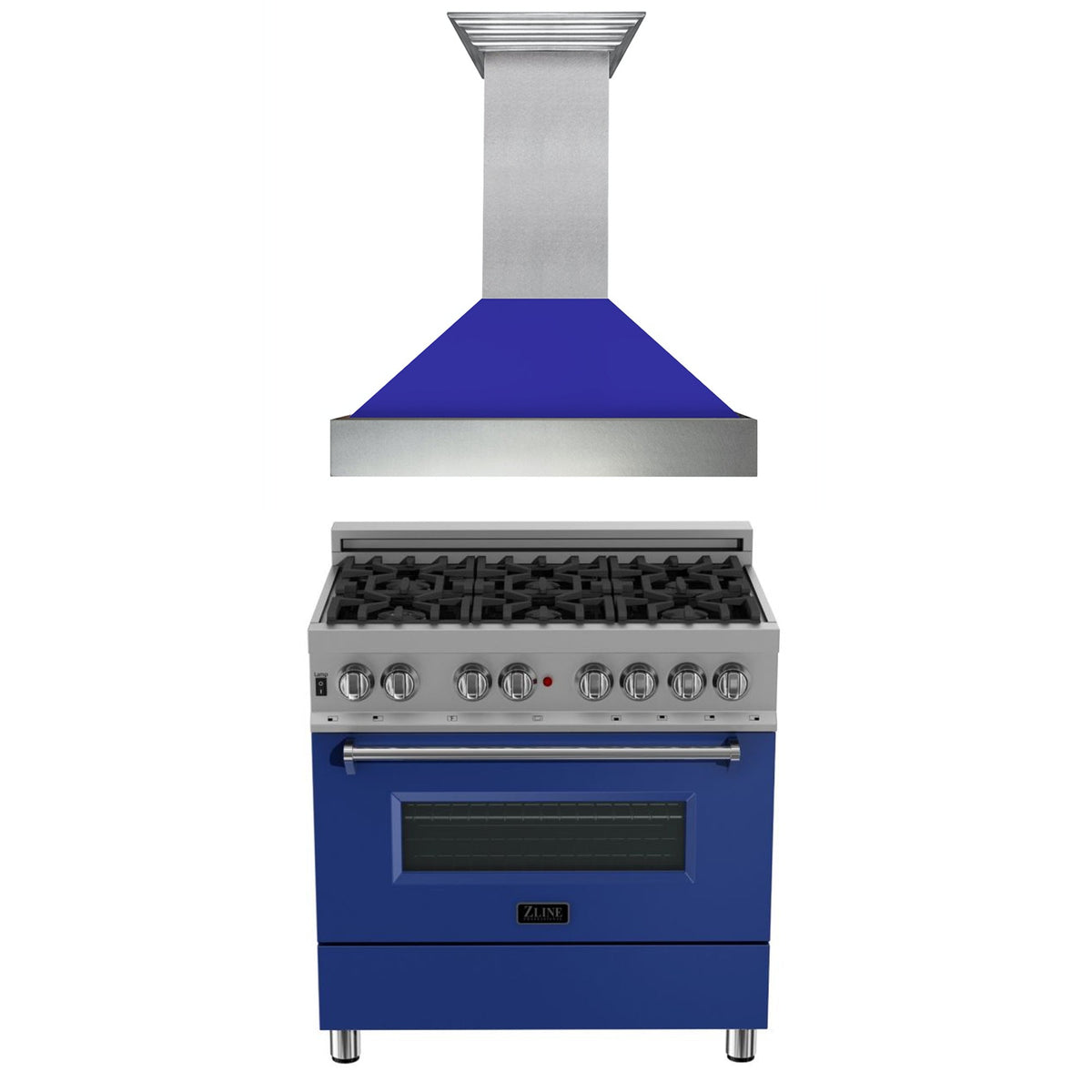 ZLINE 36 in. Kitchen Package with DuraSnow Stainless Steel Dual Fuel Range with Blue Matte Door and Convertible Vent Range Hood (2KP-RASBMRH36) - MyBBQDirect