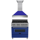 ZLINE 36 in. Kitchen Package with DuraSnow Stainless Steel Dual Fuel Range with Blue Matte Door and Convertible Vent Range Hood (2KP-RASBMRH36) - MyBBQDirect