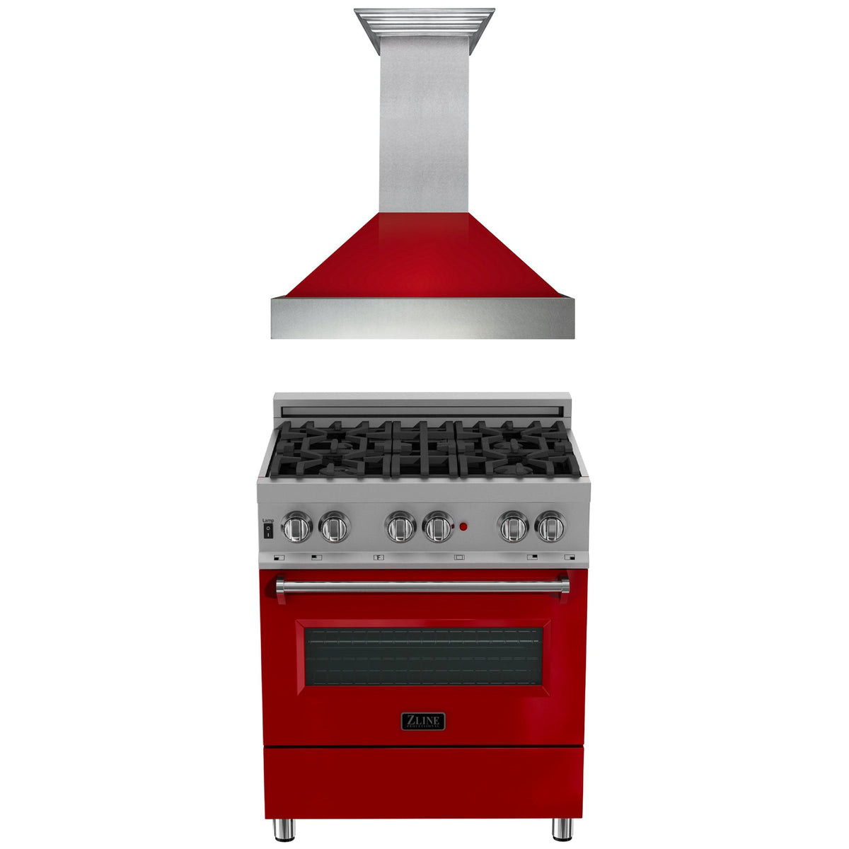 ZLINE 30 in. Kitchen Package with DuraSnow Stainless Steel Dual Fuel Range with Red Gloss Door and Convertible Vent Range Hood (2KP-RASRGRH30) - MyBBQDirect