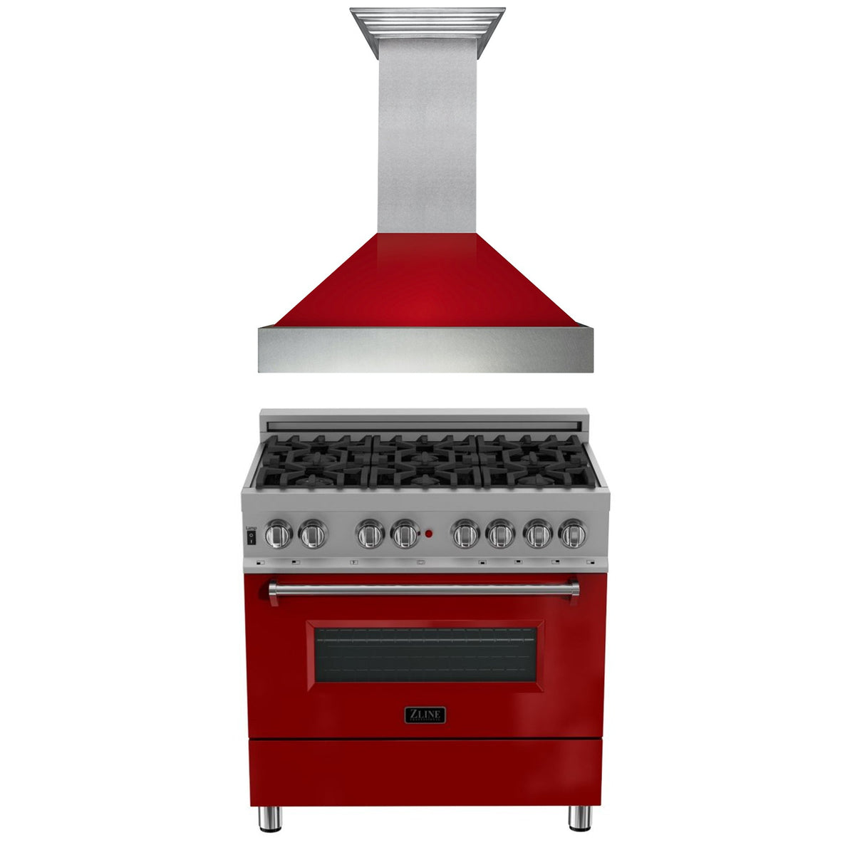 ZLINE 36 in. Kitchen Package with DuraSnow Stainless Steel Dual Fuel Range with Red Gloss Door and Convertible Vent Range Hood (2KP-RASRGRH36) - MyBBQDirect