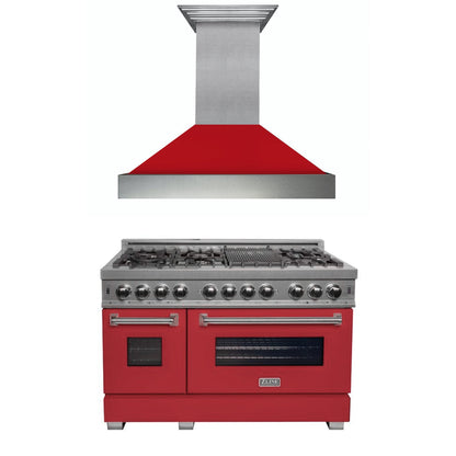 ZLINE 48 in. Kitchen Package with DuraSnow Stainless Steel Dual Fuel Range with Red Matte Door and Convertible Vent Range Hood (2KP-RASRMRH48) - MyBBQDirect