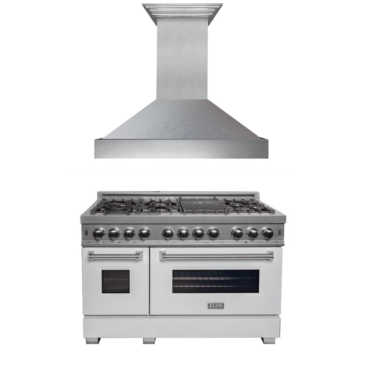 ZLINE 48 in. Kitchen Package with DuraSnow Stainless Steel Dual Fuel Range with White Matte Door and Convertible Vent Range Hood (2KP-RASWMRH48) - MyBBQDirect