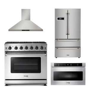 Thor Kitchen Appliance Package - 36 in. Gas Range, Range Hood, Refrigerator, Microwave Drawer - TMD-LRG3601U-2401 - MyBBQDirect