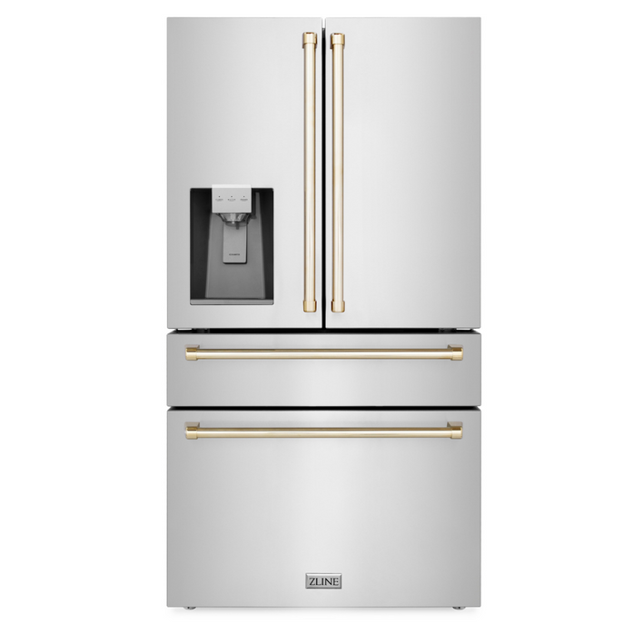 ZLINE 36" Autograph Edition 21.6 cu. ft Freestanding French Door Refrigerator with Water and Ice Dispenser in Fingerprint Resistant Stainless Steel with Accents (RFMZ-W-36)