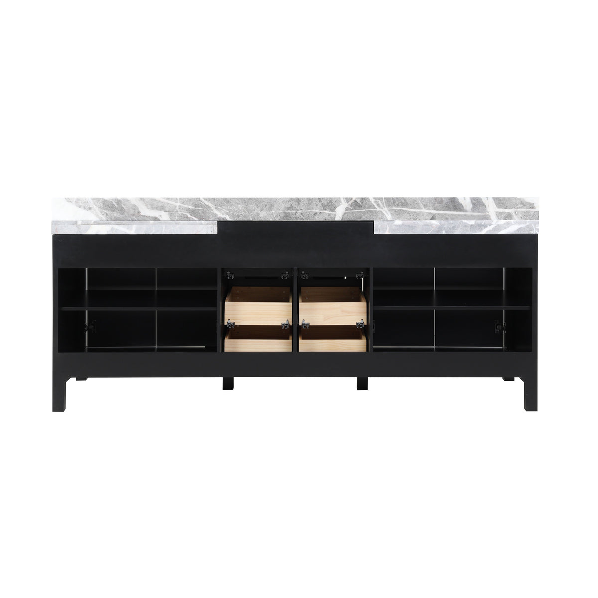 Lexora Zilara 84" Black and Grey Double Vanity, Castle Grey Marble Tops, White Square Sinks, Monte Chrome Faucet Set, and 34" Frameless Mirrors - LZ342284DLISM34FBG - MyBBQDirect