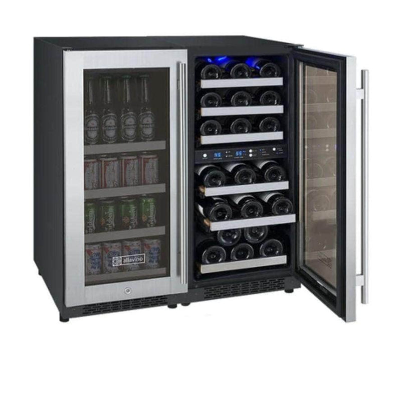 Allavino 30" Wide FlexCount II Tru-Vino 30 Bottle/88 Can Dual Zone Stainless Steel Side-by-Side Wine Refrigerator/Beverage Center (3Z-VSWB15-3S20) - PrimeFair