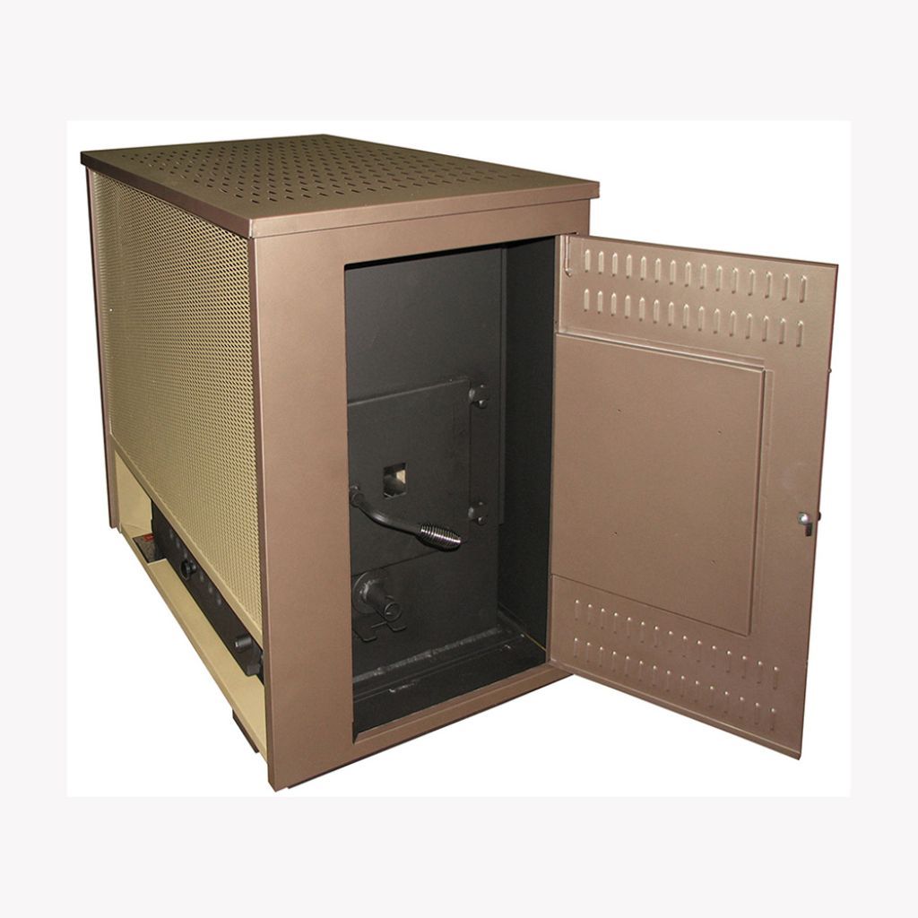 Buck Stove Combo Coal hybrid coal stove, cabinet side door open showing the stove
