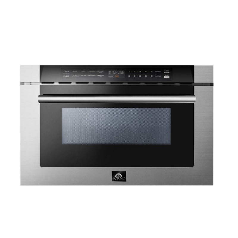 Forno 5-Piece Appliance Package - 30-Inch Electric Range, Wall Mount Range Hood, Pro-Style Refrigerator, Dishwasher, and Microwave Drawer in Stainless Steel