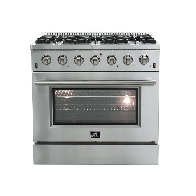 Forno 3-Piece Appliance Package - 36-Inch Gas Range, Pro-Style Refrigerator, and Dishwasher in Stainless Steel