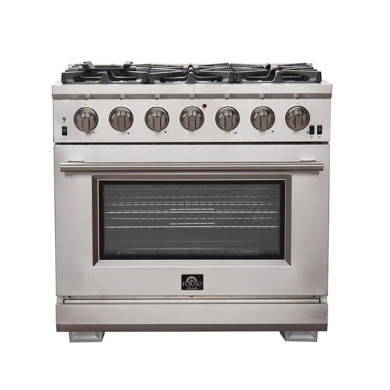 Forno 3-Piece Pro Appliance Package - 36-Inch Gas Range, Pro-Style Refrigerator, and Dishwasher in Stainless Steel