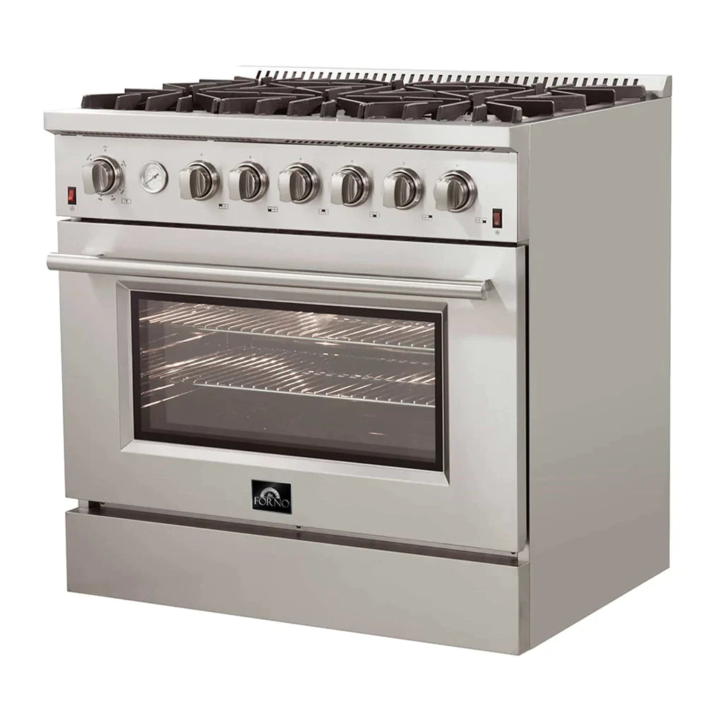 Forno 36" Lseo Silver Gas Range with Burners, Griddle, Wok Ring, Temperature Gauge, and Air Fryer in Stainless Steel - FFSGS6291-36 - MyBBQDirect