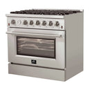 Forno 36" Lseo Silver Gas Range with Burners, Griddle, Wok Ring, Temperature Gauge, and Air Fryer in Stainless Steel - FFSGS6291-36