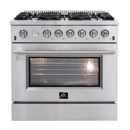Forno 36" Lseo Silver Gas Range with Burners, Griddle, Wok Ring, Temperature Gauge, and Air Fryer in Stainless Steel - FFSGS6291-36 - MyBBQDirect