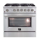 Forno 36" Lseo Silver Gas Range with Burners, Griddle, Wok Ring, Temperature Gauge, and Air Fryer in Stainless Steel - FFSGS6291-36