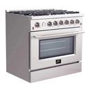 Forno 36" Lseo Silver Gas Range with Burners, Griddle, Wok Ring, Temperature Gauge, and Air Fryer in Stainless Steel - FFSGS6291-36