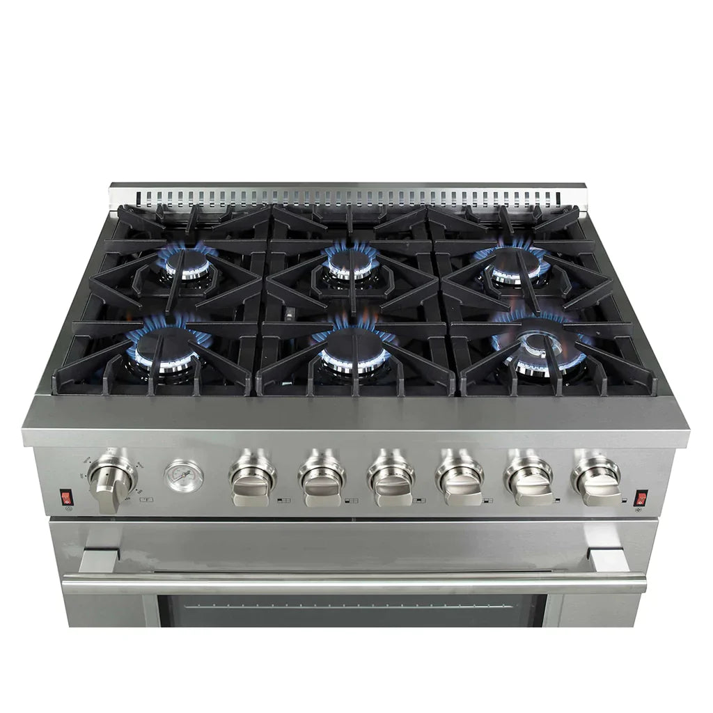 Forno 36" Lseo Silver Gas Range with Burners, Griddle, Wok Ring, Temperature Gauge, and Air Fryer in Stainless Steel - FFSGS6291-36 - MyBBQDirect