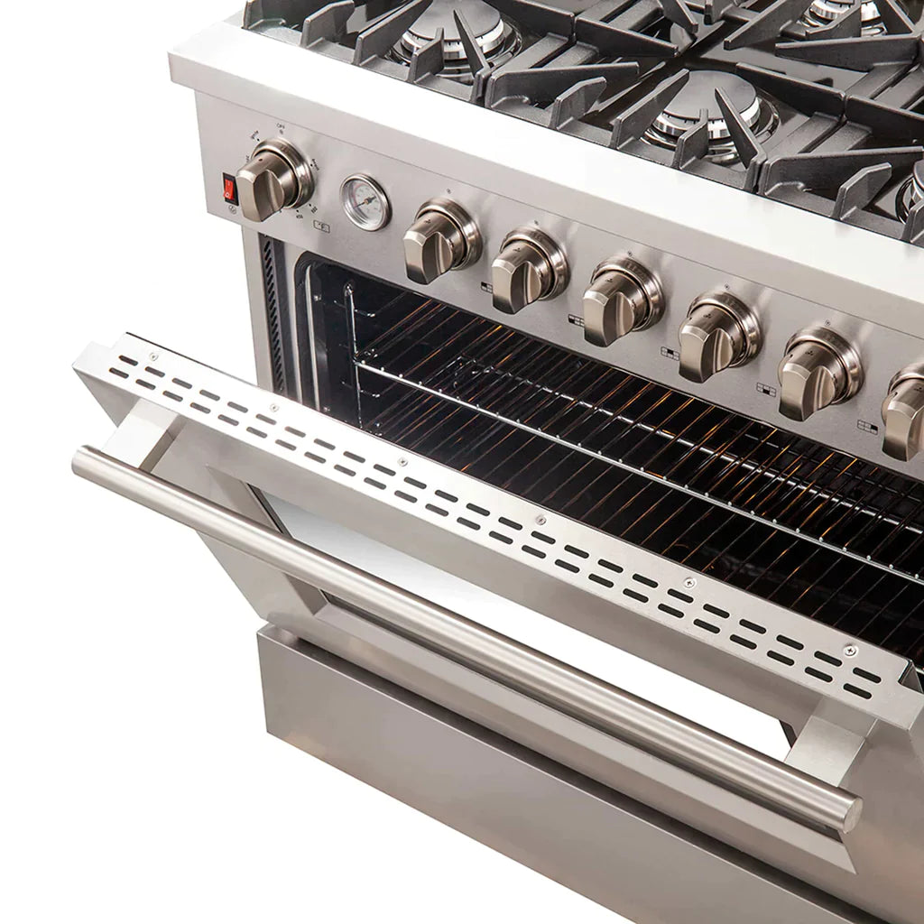 Forno 36" Lseo Silver Gas Range with Burners, Griddle, Wok Ring, Temperature Gauge, and Air Fryer in Stainless Steel - FFSGS6291-36 - MyBBQDirect