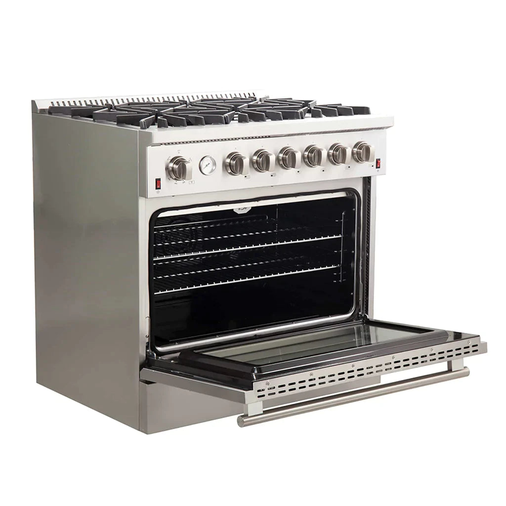Forno 36" Lseo Silver Gas Range with Burners, Griddle, Wok Ring, Temperature Gauge, and Air Fryer in Stainless Steel - FFSGS6291-36 - MyBBQDirect