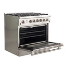 Forno 36" Lseo Silver Gas Range with Burners, Griddle, Wok Ring, Temperature Gauge, and Air Fryer in Stainless Steel - FFSGS6291-36