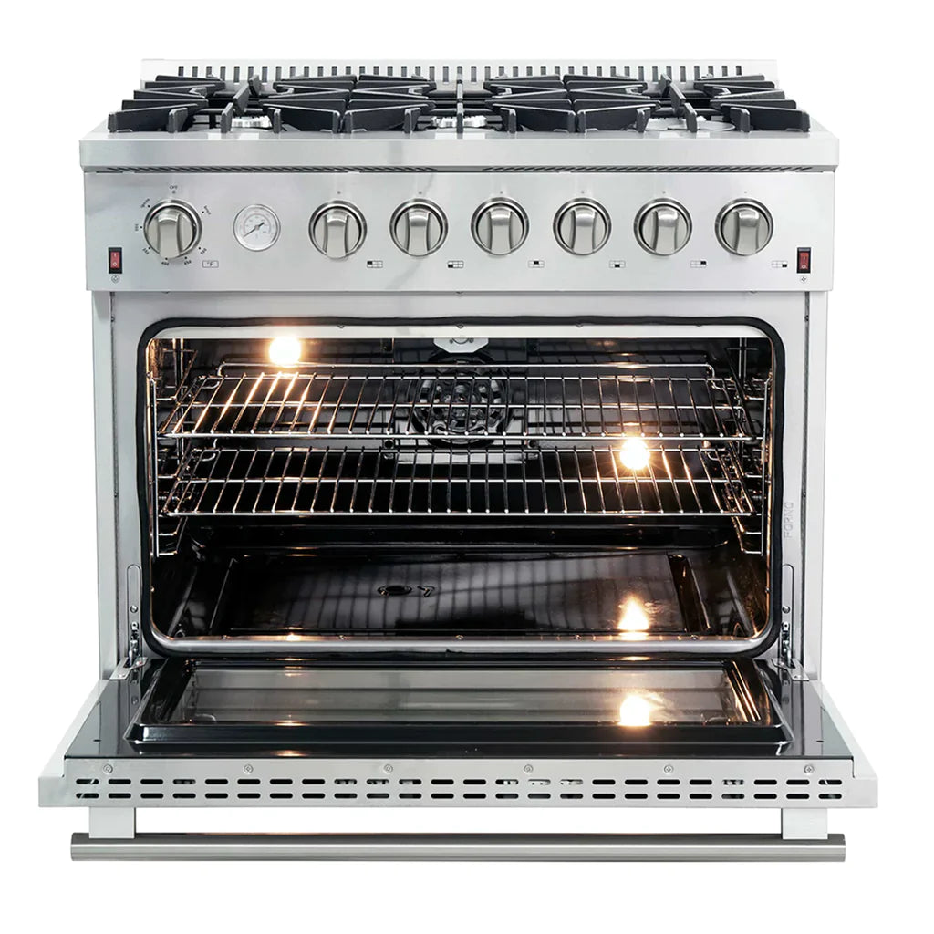 Forno 36" Lseo Silver Gas Range with Burners, Griddle, Wok Ring, Temperature Gauge, and Air Fryer in Stainless Steel - FFSGS6291-36 - MyBBQDirect