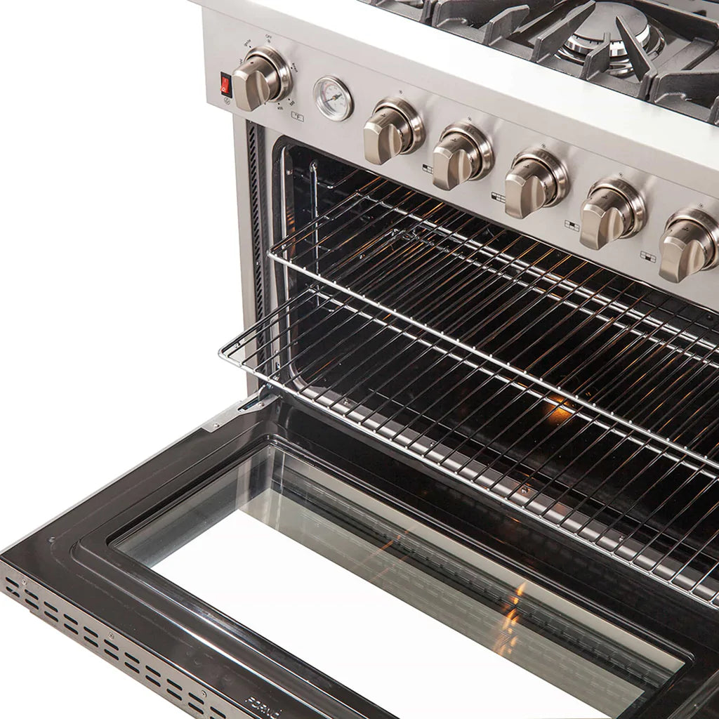 Forno 36" Lseo Silver Gas Range with Burners, Griddle, Wok Ring, Temperature Gauge, and Air Fryer in Stainless Steel - FFSGS6291-36 - MyBBQDirect